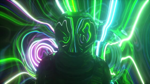 Astronaut in the fourth dimension. Neon surroundings and bright stripes. Interstellar. Sci-fi 3d animation