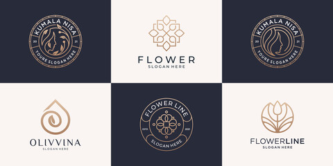 Minimalist beauty logo design template. Golden women face and flower logo usable for beauty salon, cosmetic and brand.
