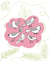 invitation card with birds,  postcard, plant doodles