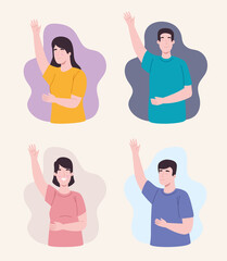 men and women with left hand up