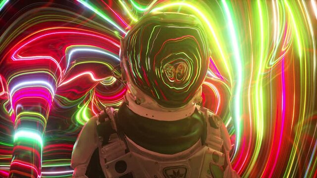 Astronaut in the fourth dimension. Neon surroundings and bright stripes. Interstellar. Sci-fi 3d animation