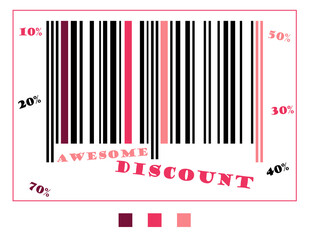Awesome discount, advertising slogan illustration. Stylized barcode with colorful text and discount percentage numbers.