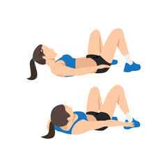 Woman doing Alternate heel touches. lying oblique reach exercise. Flat vector illustration isolated on white background