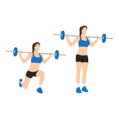 Fototapeta na wymiar Woman doing Barbell lunges exercise. Flat vector illustration isolated on white background