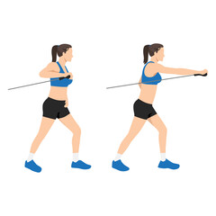 Woman doing Side to side lunge with chest presses exercise. Flat vector illustration isolated on white background