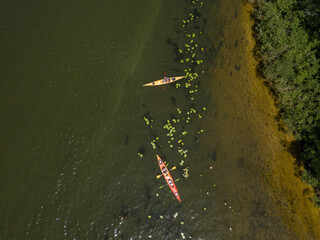 Kayak on the river in summer. Aerial drone view.