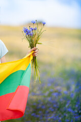 Female hand holding bouquet of blue cornflowers and flag of Lithuania in a rye field. Vertical image. Lithuanian Flag Day. Independence restoration Day. King mindaugas day. Selective focus.