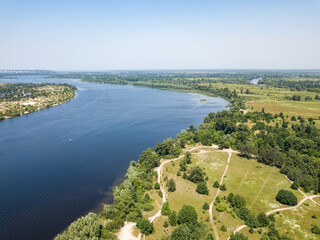 Dnieper river in Kiev in summer. Aerial drone view.