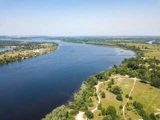 Dnieper river in Kiev in summer. Aerial drone view.