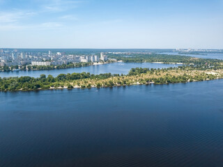 Dnieper river in Kiev in summer. Aerial drone view.