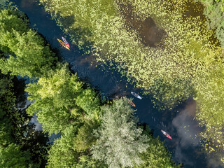 Kayak on a narrow river with green banks in summer. Aerial drone view.
