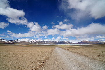Nature Landscape of road way to Tso kar Lake and himalaya snow mountain background at Leh ladakh India - unseen travel and vacation road trip park and outdoor activity