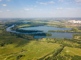 Fototapeta na wymiar Dnieper river in Kiev in summer. Aerial drone view.