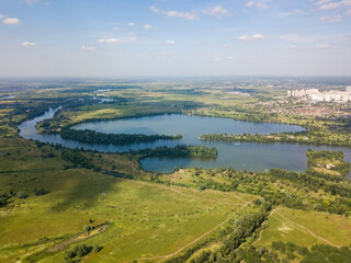 Dnieper river in Kiev in summer. Aerial drone view.