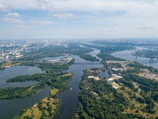 Dnieper river in Kiev in summer. Aerial drone view.