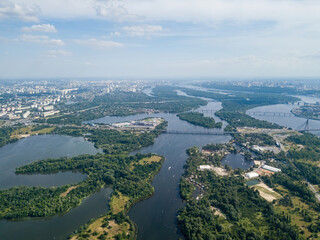 Fototapeta premium Dnieper river in Kiev in summer. Aerial drone view.