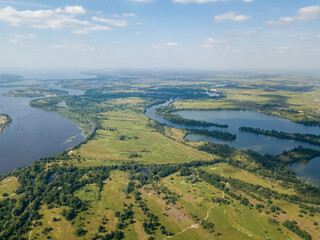 Dnieper river in Kiev in summer. Aerial drone view.