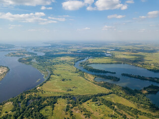 Dnieper river in Kiev in summer. Aerial drone view.