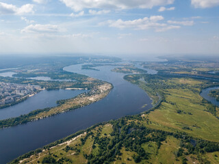 Dnieper river in Kiev in summer. Aerial drone view.