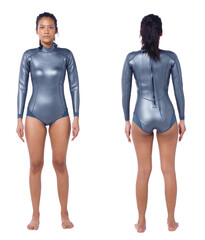 Asian Woman wear Diving Wet Suit Full length isolated