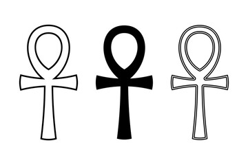 Three ankh symbols. Also called key of life, a cross with handle, an ancient Egyptian hieroglyphic symbol of gods and Pharaohs, representing life. Breath of life, key of the Nile, crux ansata. Vector. - obrazy, fototapety, plakaty