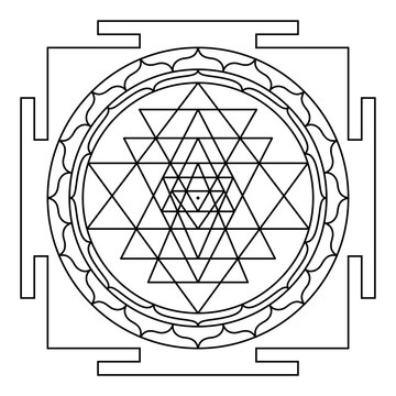 Sri Yantra, Shri Yantra or Shri Chakra, a mystical Hindu diagram. Nine interlocking triangles surround Bindu, a central point and the cosmic center that represent the cosmos and the human body. Vector
