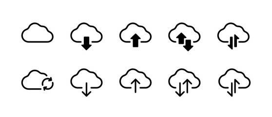 Upload and download on cloud storage black outline icon set