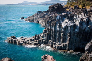Jungmun Daepo Coast and Jusangjeolli Cliff. Cliff is a spectacular volcanic rock formation at the...