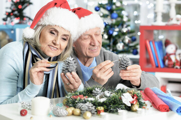 Obraz na płótnie Canvas Portrait of happy senior couple preparing for Christmas at home