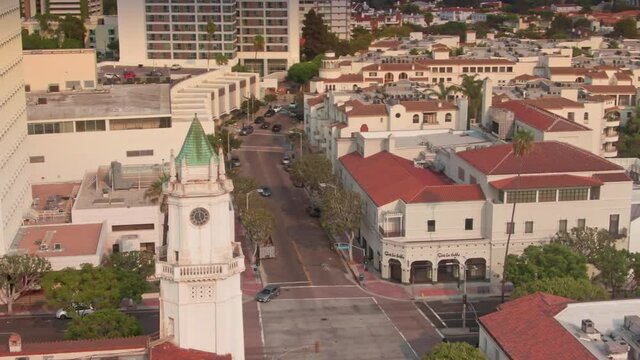 Aerial: Westwood shopping district, Los Angeles, California, USA