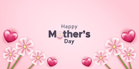 Happy Mothers Day With Realistic Hearth Shapes Flowers