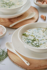 Summer refreshing cold yogurt soup, healthy meal with fresh raw vegetables and dairy ingredients