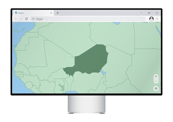Computer monitor with map of Niger in browser, search for the country of Niger on the web mapping program.