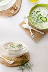 Summer refreshing cold yogurt soup, healthy meal with fresh raw vegetables and dairy ingredients
