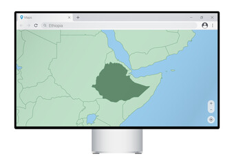 Computer monitor with map of Ethiopia in browser, search for the country of Ethiopia on the web mapping program.