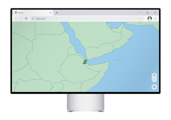 Computer monitor with map of Djibouti in browser, search for the country of Djibouti on the web mapping program.