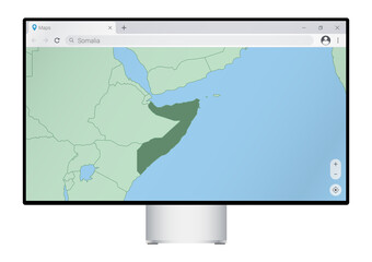 Computer monitor with map of Somalia in browser, search for the country of Somalia on the web mapping program.