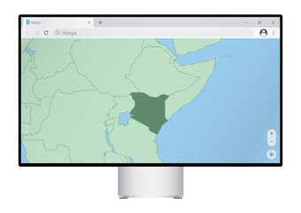 Computer monitor with map of Kenya in browser, search for the country of Kenya on the web mapping program.