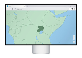 Computer monitor with map of Uganda in browser, search for the country of Uganda on the web mapping program.