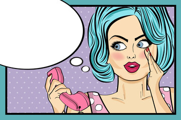 Woman With Blue Hair Talking Phone Comic Style