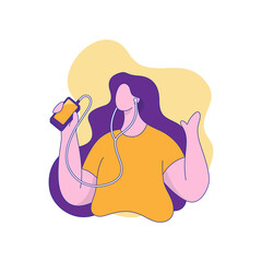 A girl is listening to music from her cell phone with earphones