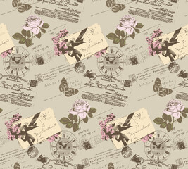 Seamless vintage pattern with letters, roses, butterfly and clock for congratulations and invitations.