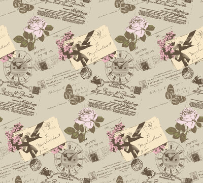 Seamless vintage pattern with letters, roses, butterfly and clock for congratulations and invitations.