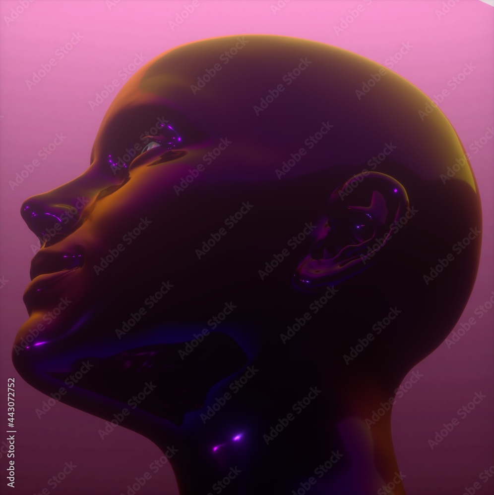 Poster conceptual 3d illustration of artificial intelligence. robot head made of glossy chromium material.