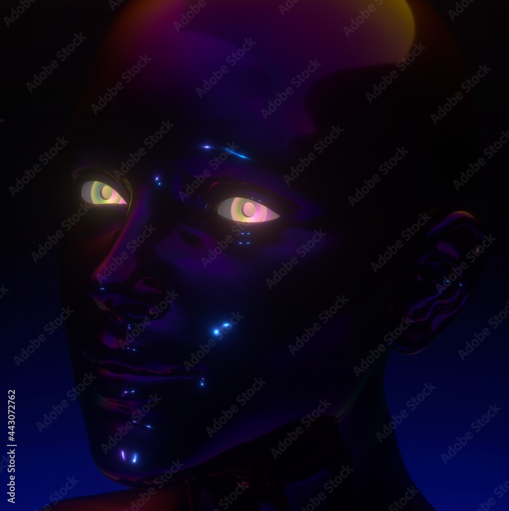 Poster Conceptual 3D illustration of artificial intelligence. Robot head made of glossy chromium material.