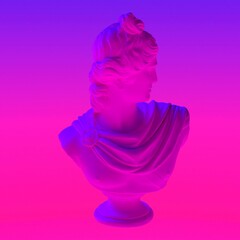 3D illustration of Apollo Belvedere bust in neon lightning.