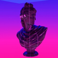 3D illustration of Apollo Belvedere bust in neon lightning. - obrazy, fototapety, plakaty
