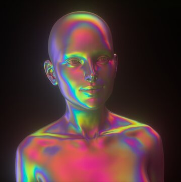 Conceptual 3D illustration of artificial intelligence. Robot head made of holographic chromium material with rainbow iridescent stains.