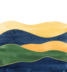 watercolor collage, wavy mountains silhouette, background with hues of yellow green, indigo and golden shapes