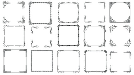 Set Black Simple Line Frame Collection Doodle Square Floral Frame Elements Vector Design Style Sketch Isolated Illustration For Banner